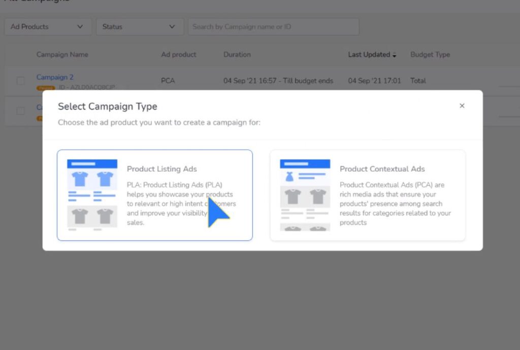 choose PLA to start a Product listing Ads campaign in Flipkart