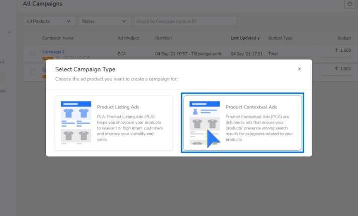 Snapshot of 1st step in creating Product Contextual Ads (PCA) in Flipkart