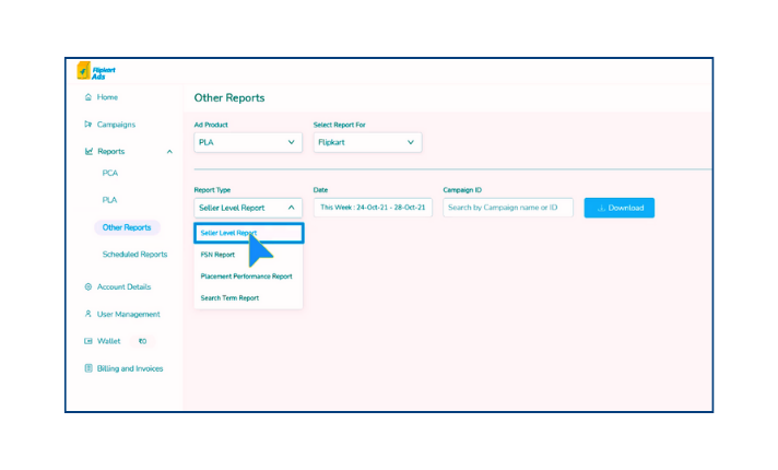 snapshot of Types of Reports available for Flipkart Product Listing Ads (PLA)