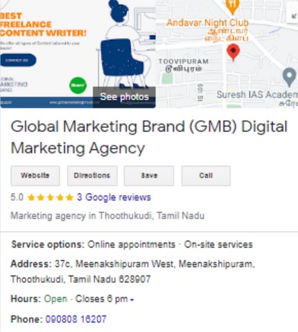 snapshot of Global Marketing Brand's (GMB) My Business Profile of Google