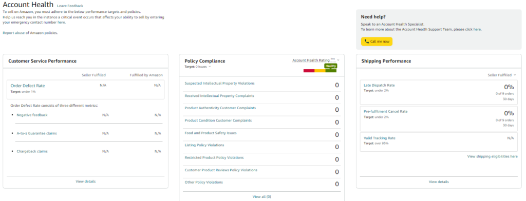 snapshot of amazon health rating from amazon seller centre